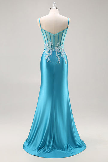 Sirena raso corsetto blu abito da cerimonia con liste